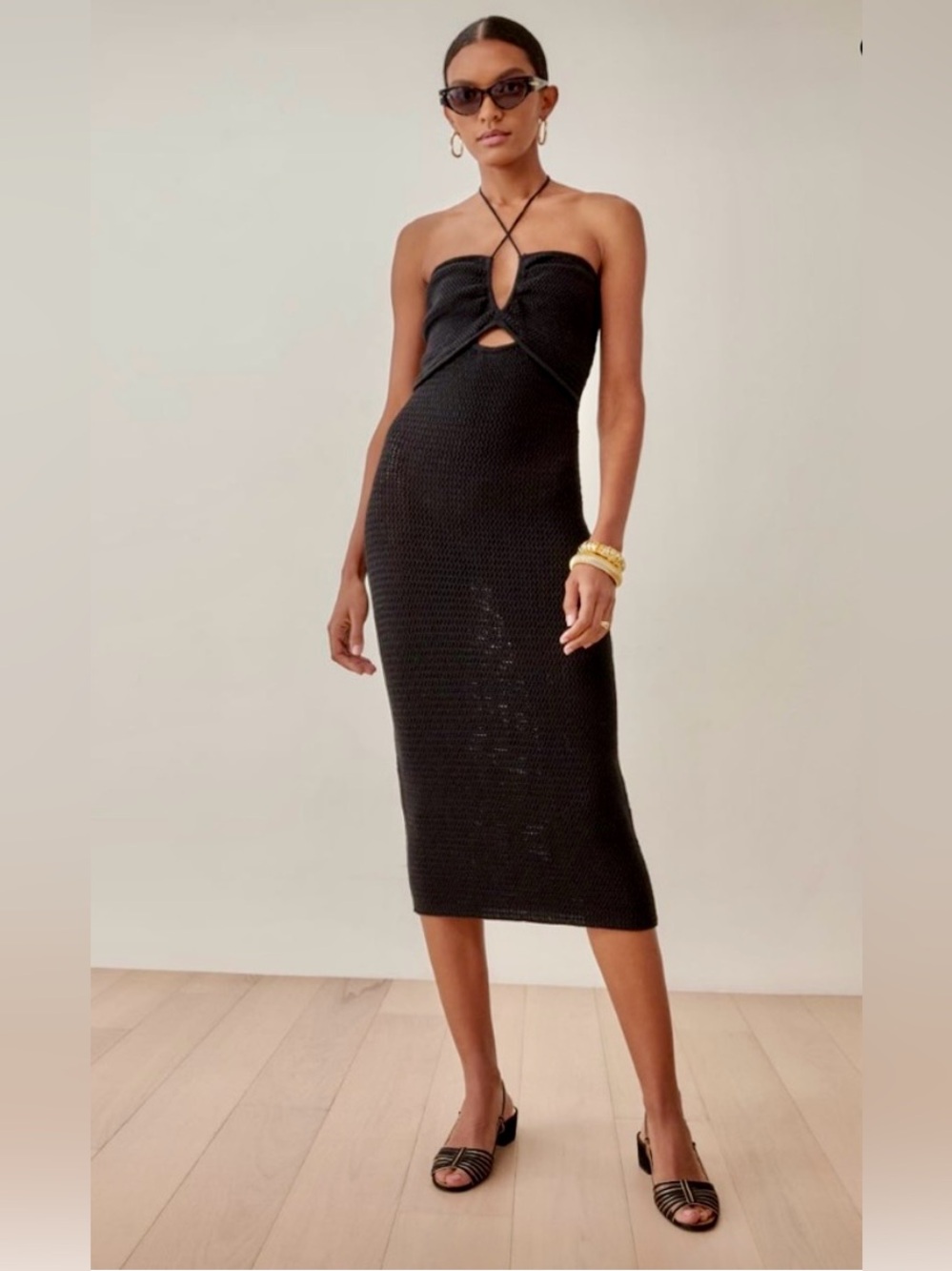 Reformation VENETE Crochet Halter Knit Dress- Size Small -Black